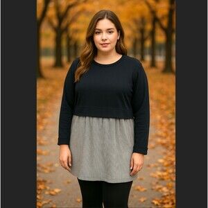 Mo:vint New York Anthropologie Mixed Media Blue Long Sleeve Tunic Top XL Preppy